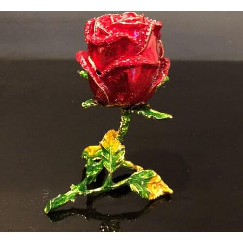 Gold Plating Green Red Hand Enameled And Rhinestones Jeweled Rose Flower Leaves Branch Zinc Alloy Magnet Jewelry Trinket Box