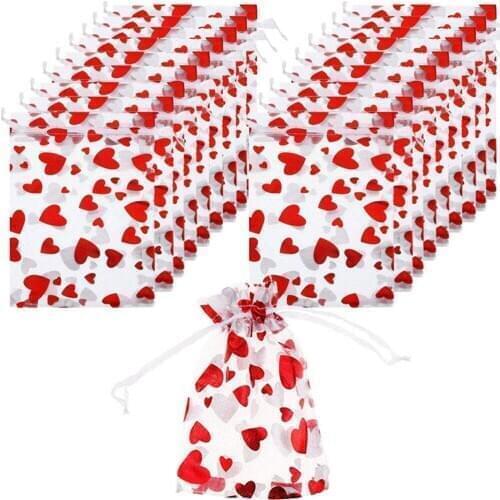 100pcs/bag 7x9cm 9x12cm 13x18cm Adjustable Love Bright Red Colors Drawstring Bundle Mesh Bag Wedding Gift Bags &pouches