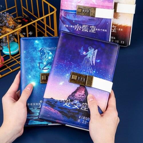 A5 Notebook With Lock Twelve Constellations Diary Journal Office Notepad Line Agenda Planner Magic Note Book Sketchbook Plan