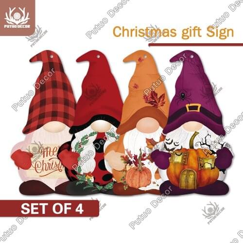 Putuo Decor 4PCS Halloween Gnome Signs Christmas Wooden Hanging Signs Pumpkin Wood Plaque Gnome Festival Home Wall Decor Gift