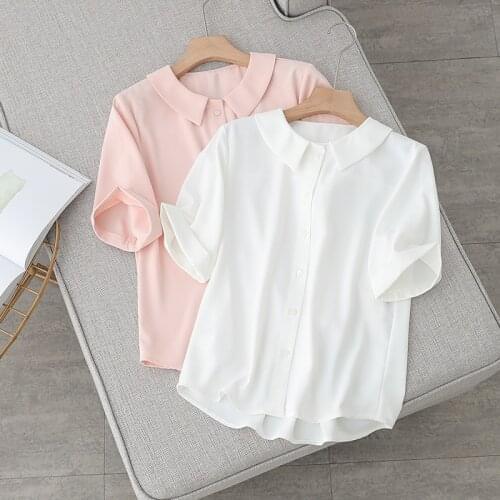 Baby collar Summer shirt womens design minority middle sleeve breathable Chiffon ol temperament white top