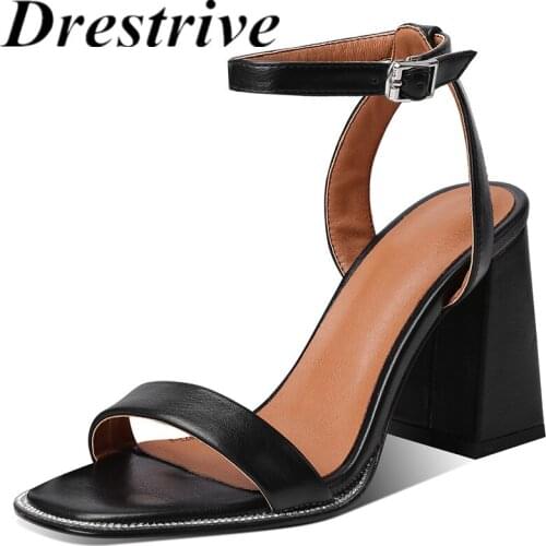 Drestrive PU Leather Round Toe Women Sandals Black Big Size 43 Buckle 2021 Summer Classics Thick High Heel Shoes