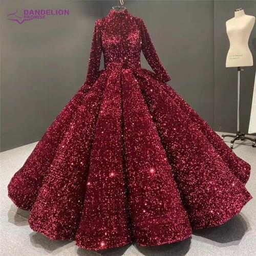 Dubai Sequined Evening Dresses For Women 2021High Neck Muslim Long Sleeves Lace Up Bridal Formal Party Gown Custom Made