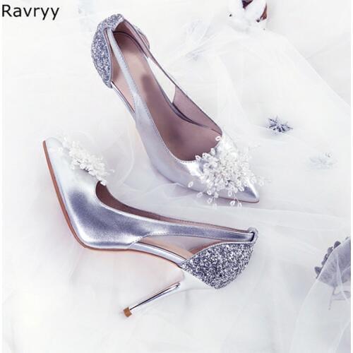 Bling Bling white flower Decor slip-on elegant Silver Woman high heel pointed toe sexy pumps female luxury wedding party shoes