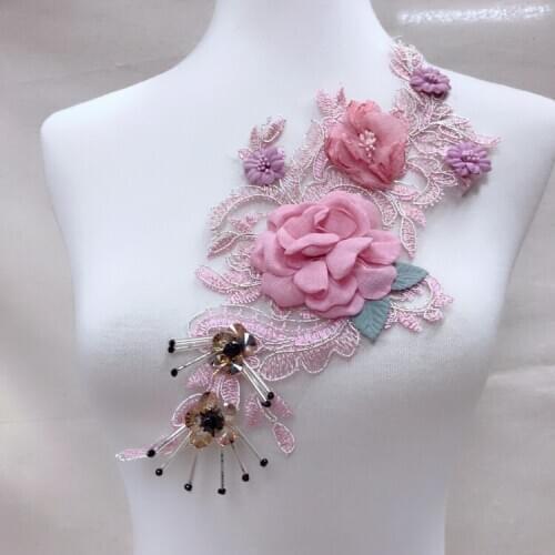 GLace 31.5cm*13.5cm beaded 3D lace Flower Embroidery Lace Appliques stickers clothing dress decoration decals accessories