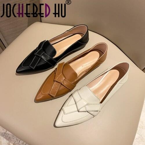 【JOCHEBED HU】 2021 Newest Soft Natural Cow Genuine Leather Flat Shoes Women Pointed Toe Sweet Bow-knot Loafers Espadrilles