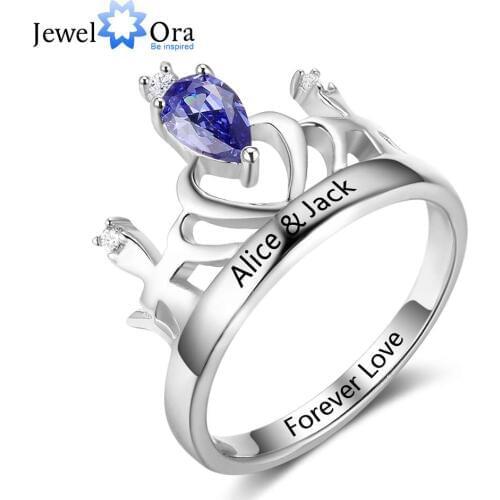 Classic Crown Birthstone Ring 925 Sterling Silver Party Rings Engrave Name Anniversary Personalise Gift (JewelOra RI102877)