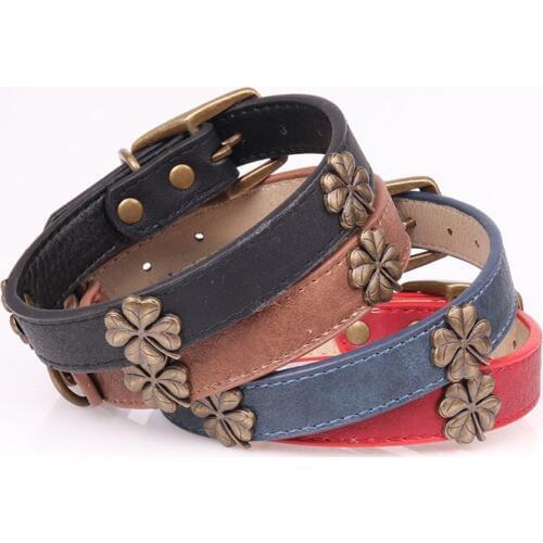 Leather Dog Collars for Large or Medium Dogs Four Leaf Clover Collar 12 to 18-Inch Black Red Blue Brown Four Color Pet Collars