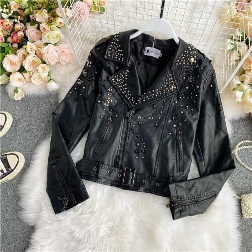 New Women Spring Autumn Black Faux Leather Jackets Zipper Basic Coat Turn-down Collar Motor Biker Jacket With Belt