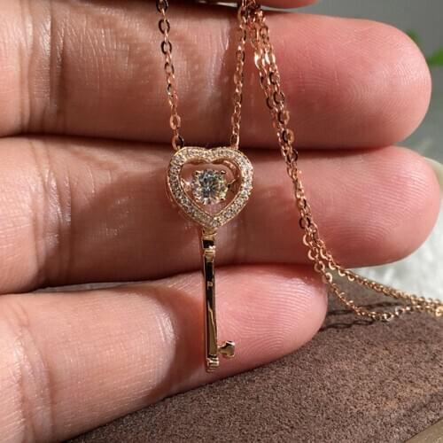 Cute Rose Gold Key Pendant with Bling Zircon Stone Long Chain Necklace for Women Fashion Jewelry Choker