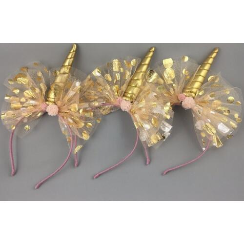 10pcs Fashion Glitter Lace Pom Pom Cute Gold Unicorn Hairbands Solid Animal Party Hard Headbands Princess Girls Hair Accessories