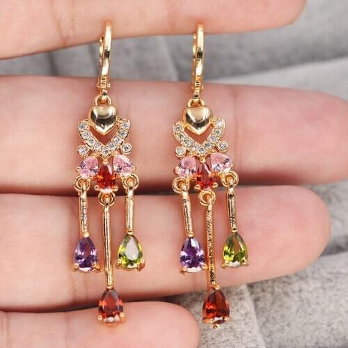 Trendy Gold Copper Waterdrop Dangle Drop Earring Red Green Pink Heart Stone For Women Girls Fashion Jewelry Accessories Wedding