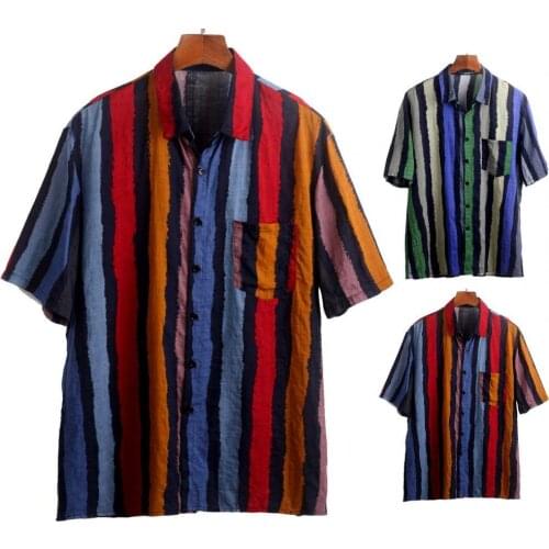 Striped Print Men Shirt Turn-down Collar Arc Hem Short Sleeve Buttons Closure Casual Shirt Beachwear