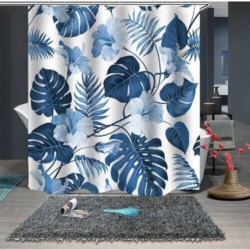 Custom Made Shower Curtain Bathroom Curtain Partition 1.5 x 1.8m 1.8 x 1.8m 1.8 x 2m Palm Leaves Blue