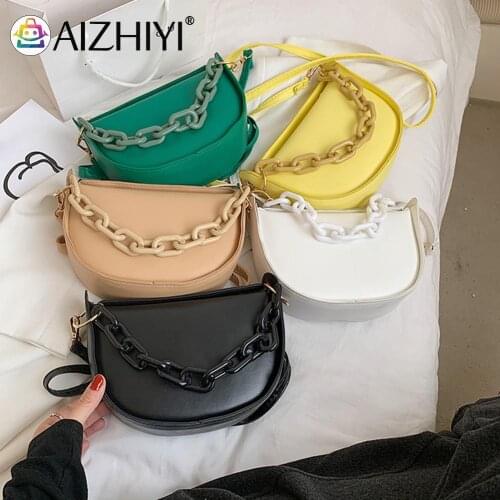 New Women Solid Color PU Semicircle Crossbody Bag Fashion Thick Chain Shoulder Bags Girls Brief Womens Casual Bags