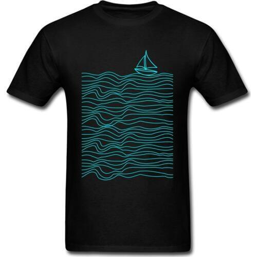 2018 Newest Sailor Boat Print Men T-shirt Sea Waves Simple Line Art Male Tops Short Sleeve Black T Shirts For Boyfriend