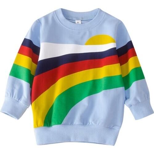 Autumn Kids Boy Rainbow Stripe Print Long Sleeve Sweatshirts Casual Blouse Outerwear Hot Sale