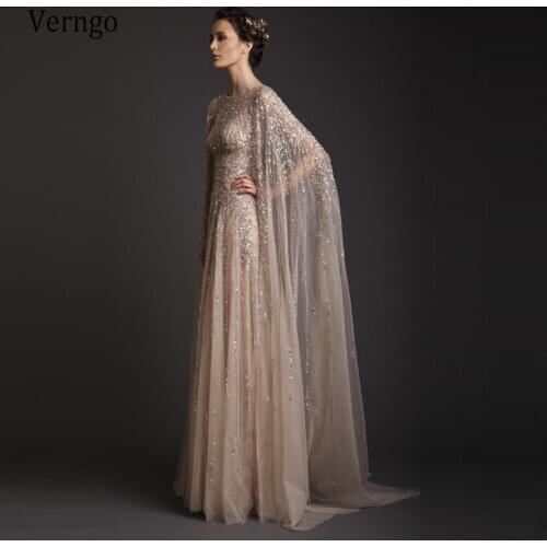 Verngo Luxury Dubai Arabic Champagne Long Evening Dresses Glitter Sparkly Tulle Beads Long Prom Gowns Formal Dresses With Cape