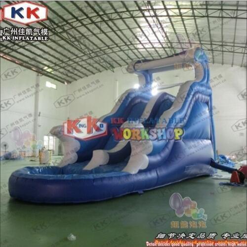 Blue Wave Water Slide Inflatable Toys For Children, KK factory Inflatable Wet Slide With Pool For Hire