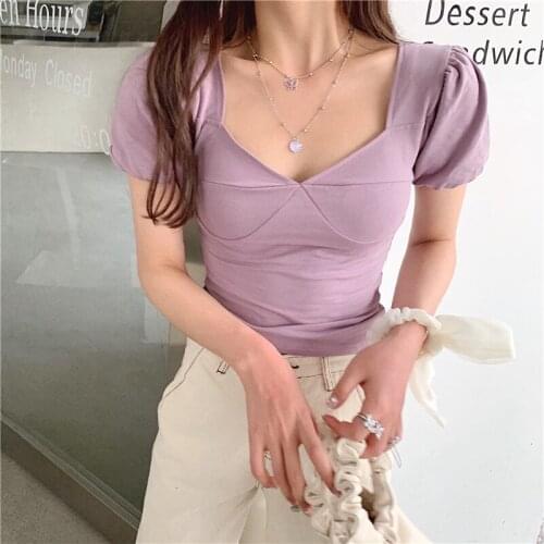 Square Neck Women T Shirt Short Puff Sleeve Backless Crop Top Sexy Ladies Summer Black Purple Casual Elegant Top Korean 2021