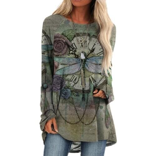 Loose Casual Designer Dragonfly On Clock Printing T-Shirts Women Long Sleeved Autumn New Butterflies Print Tee Shirts Femme