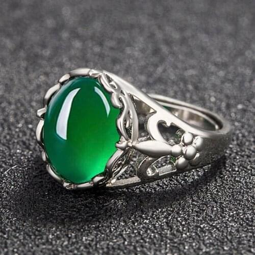 Milangirl Classic Silver Color Hollow Engraved Geometric Inlaid Oval Green Gemstone Female Opening Ring for Party Jewelry