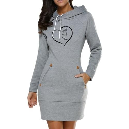 Women Sweatshirt Dress Hooded Long Sleeve Casual Hoodies Dress Drawstring Pullover Tops Plus Size Streetwear Dropshipping