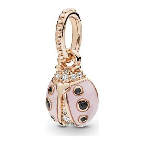 5PCS HTevak Rose Gold Pink Enamel Bead Crystal Ladybug Charm Fit Fashion DIY Girl Bracelets Bangles Jewelry Making Accessories