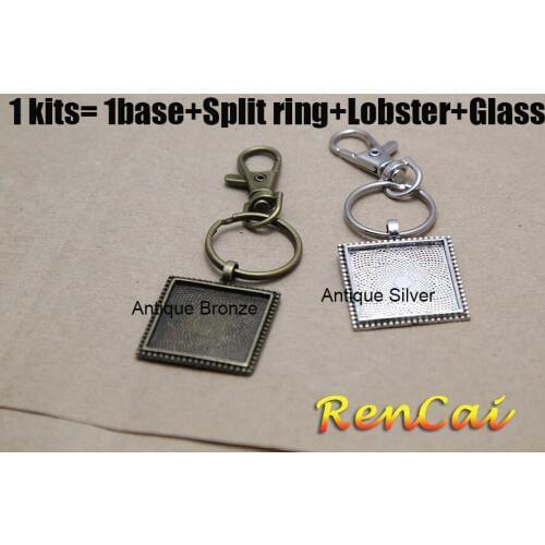 10Kits Vintage 25mm Square Key Chain Pendant Blank Setting With Base+Split+Lobster+Glass For Glass Cabochons DIY Jewelry Making