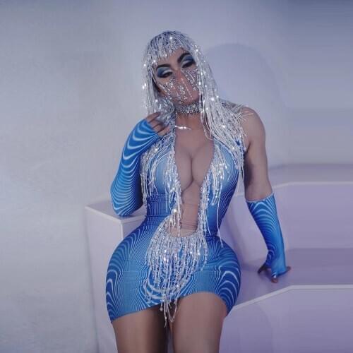 Crystals Chain Blue Skinny Short Dresses with Headwear Nightclub Evening Party Dress Female Singer Stage Performance outfits