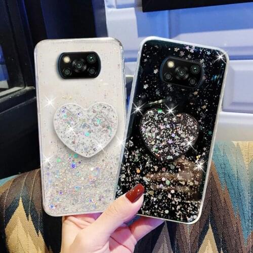 Poco F3 X3 F2 Pro Glitter Case For Xiaomi Redmi Note 10 9 8 7 Pro K40 9S 8T 10S 11 Case Silicone Heart Holder Cover Xiomi PocoF3