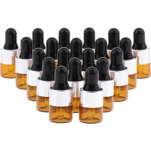 Amber Glass Dropper Bottles 20 Pack of 1ml for Essential Oils, with Black Plastic Cap and Clear Eye Drop