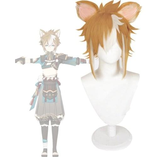 Game Costumes Genshin Impact Gorou Cosplay Wig Inazuma Gorou Headgear Adult Mixed Short Hair and Ears Headwear Accessories