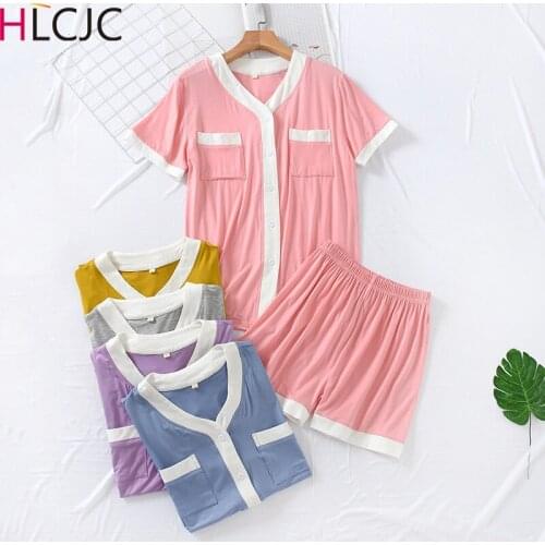 2PCS Pajama Sets Women Short Sleeve Modal Loose Breathable Soft Sexy V-neck Womens Pyjama Femme Lady Sleepwear Home Clothing