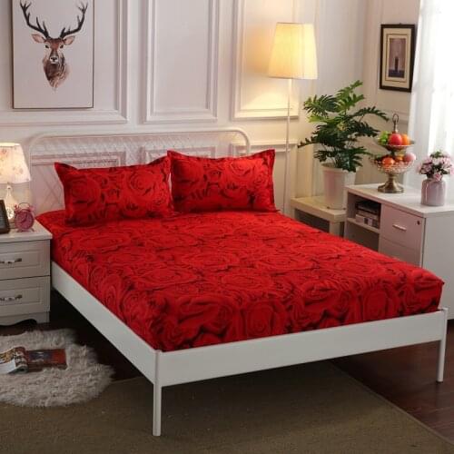 Red Rose Flower Fitted Sheet Pillowcase Set Rabbit Portrait Decorative Printed 3 Piece Bedding Decor Set Queen Size Bedspread