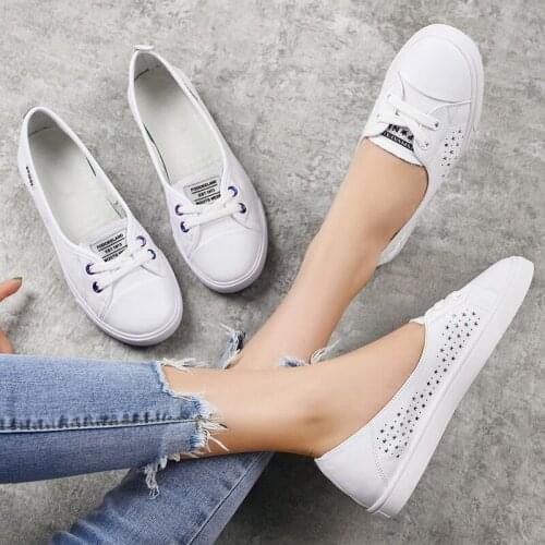 2021 Summer Slip On Flats Ladies Breathable White Shoes Women Genuine Leather Sneakers Casual Fashion Loafers Vulcanized Shoes