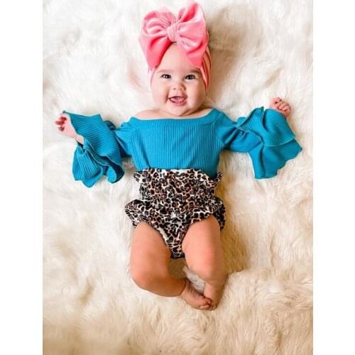 Infant Baby Summer 2Pcs Outfits, Toddler Solid Color Off Should Romper Tops Long Flared Sleeve Bodysuit+Leopard Shorts, 0-24M