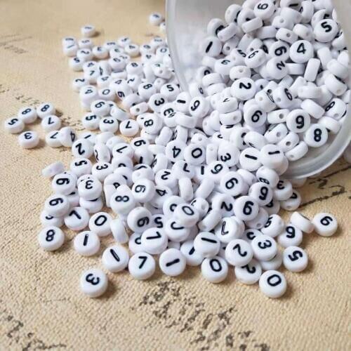 Mini order 200pcs/Lot 4*7MM White Acrylic Round Number Beads 0-9 Numbers Printing Flat Coin Round Lucite Jewelry Loose Bead