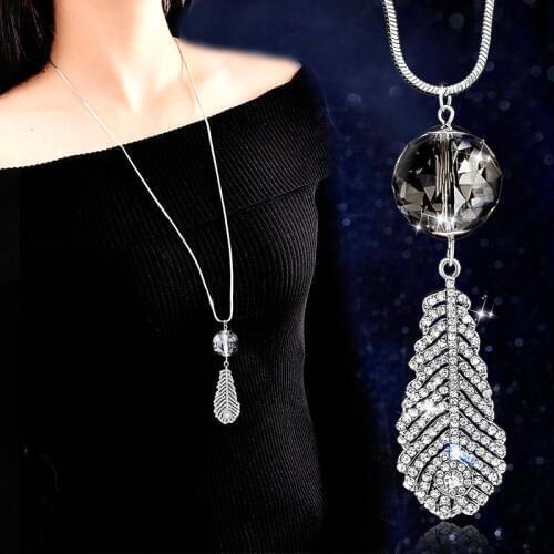 Fashion Crystal Ball Leaf Feather Long Necklace For Women 2019 New Sweater Collares Jewelry Wholesale
