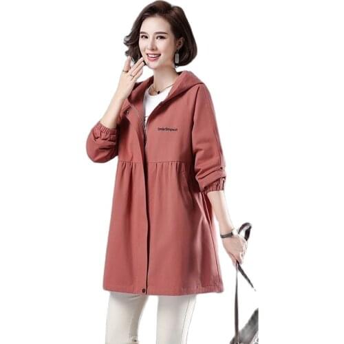 2021 New Tide Windbreaker Mid-length Spring Autumn Loose Coat Mothers Dress Plus Size Slimming Hoodie Womens Clothing
