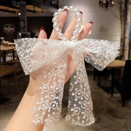 New Glossy Faux Pearl Lace Hollow Out Bowknot Hair Tie Elegant Net Yarn Ponytail Holder Scrunchies Hair Accessories Hair Band