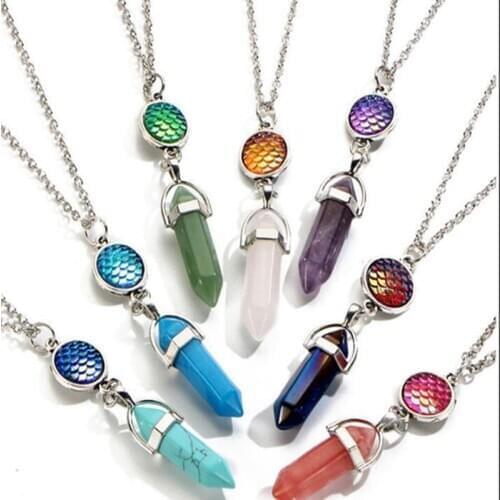 Hexagon Pendant Necklace Mermaid Fish Scale Choker Natural Stone Crystal Necklace Bullet Hexagonal Pendulum Reiki Chakra Necklac