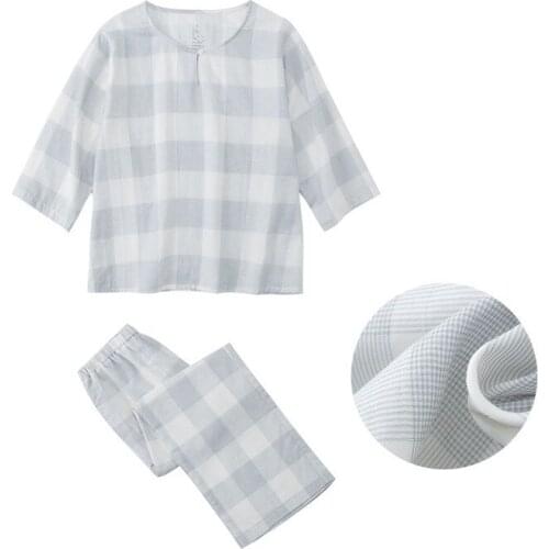 Casual Half Sleeve Plaid Womens Pajamas Set Nine Ponit Pant Sleepwear Home Suit New Loose Cotton Nightwear Pijama Mujer