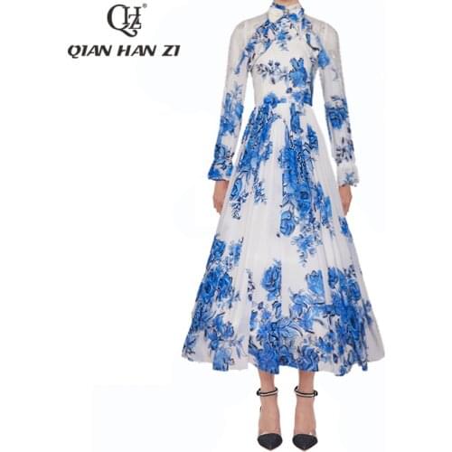Qian Han Zi runway fashion summer long dress Women Bow beaded Lace Patchwork Flower Print Elegant Vacation Beach Maxi Dress
