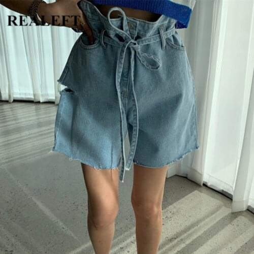 REALEFT Summer 2021 New High Waist Hole Denim Shorts Sashes Womens Casual Loose Ladies Fashionable Female Chic Jeans Trouses