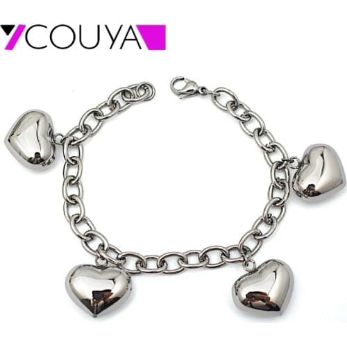 Silver Color Bracelet Stainless Steel Jewelry Bracelet 4pc stereo hearts 7mm crude Bracelet for women 20.5cm Length ajia japa