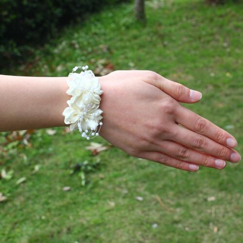 Pearl Beaded Wrist Corsage Wedding Ivory Artificial Flowers Bracel Bridesmaid Marriage Ribbon Corsages Wristband Handmade SW0679