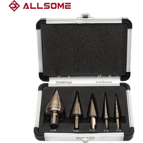 ALLSOME 5pcs Metric Hss Cobalt Step Drill Bit Set Multiple Hole 50 Sizes with Aluminum Case