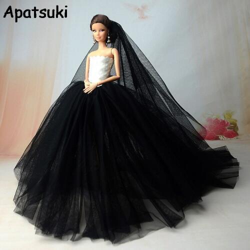 Black White Party Dress For Barbie Doll 1:6 Doll Accessories High Quality Long Tail Evening Gown Clothes Wedding Dresses +Veil
