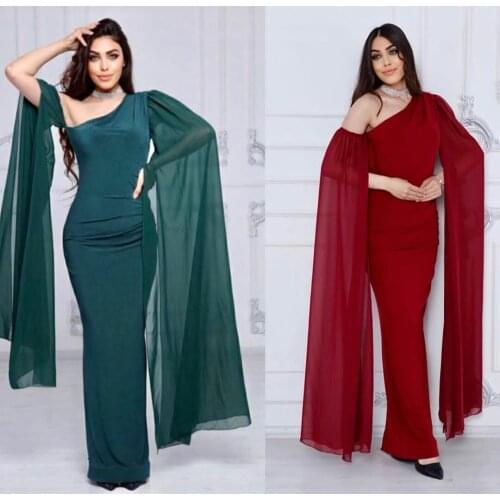 Vintage Long One Shoulder Satin Muslim Prom Dresses Zipper Back Green Robe De Soiree Floor Length Mermaid Formal Party Gown